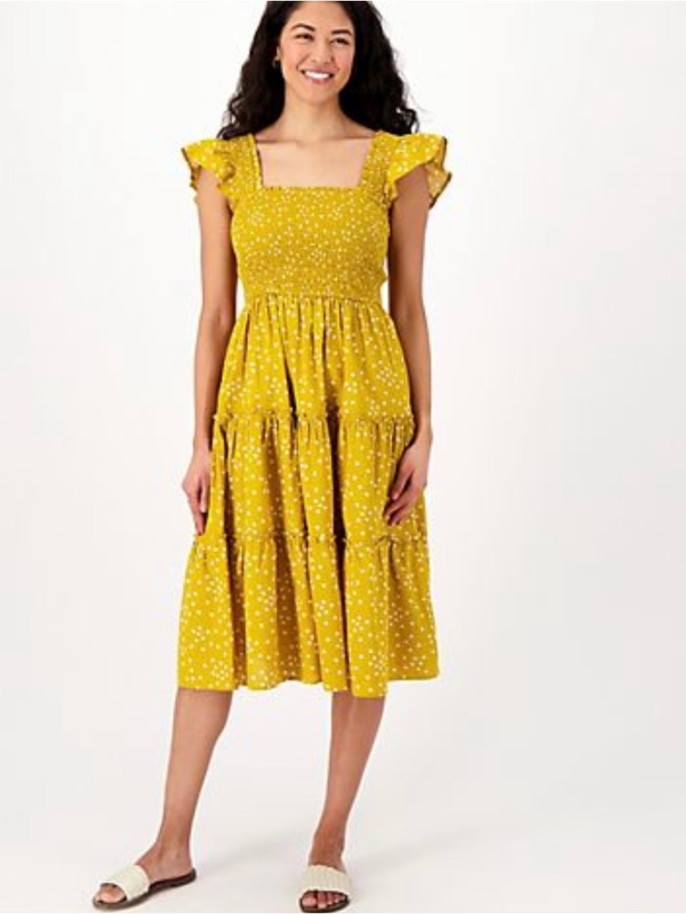 Candace Cameron Bure Antique Gold Floral Printed Smocked Midi Dress Large Petite